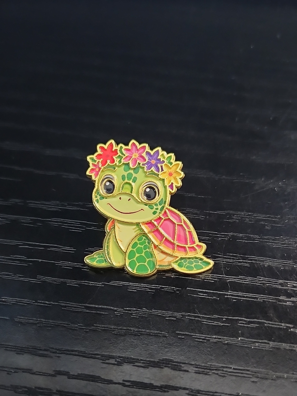 Green and Pink Floral Turtle Enamel Pin - Cute Accessory